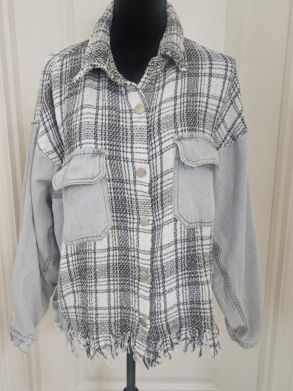 Dance & Marvel Plaid Tweed with Light Denim Sleeves - White & Black